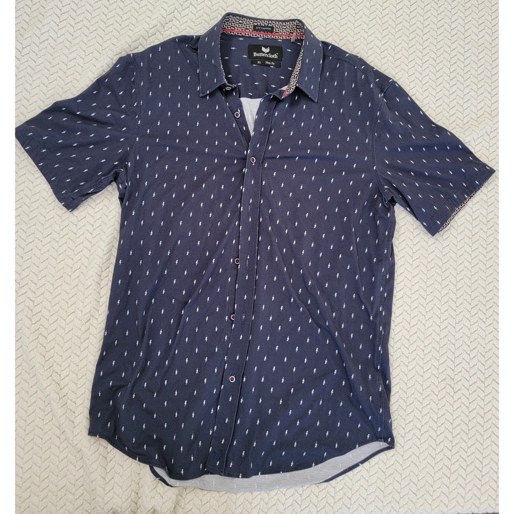 Butter Cloth Icy Cotton Men's XL  Navy Slim Fit Button Up Short Sleeve Shirt